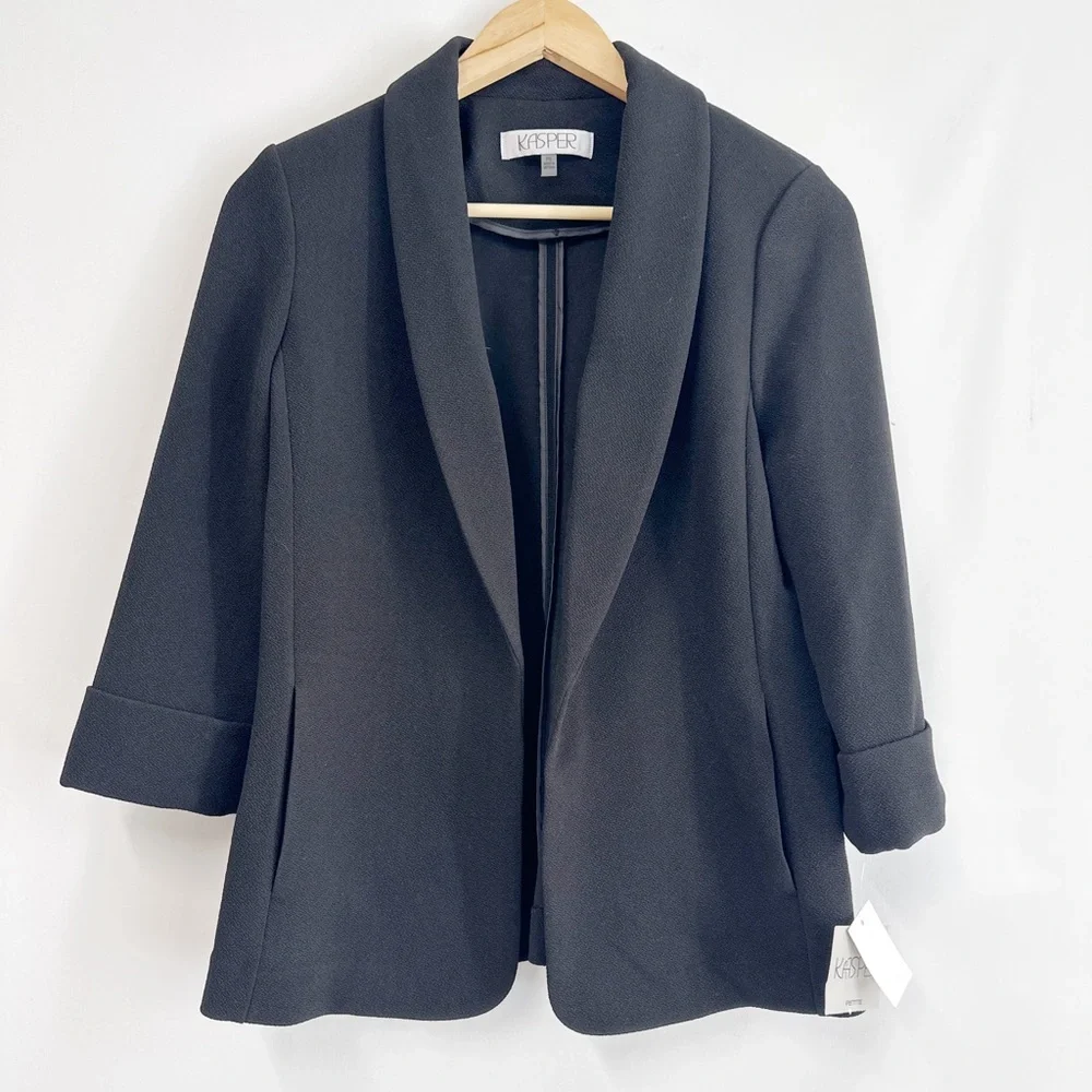 Kasper Women's Petit Black Crosshatch Shawl Collar Open Front Jacket Size PS